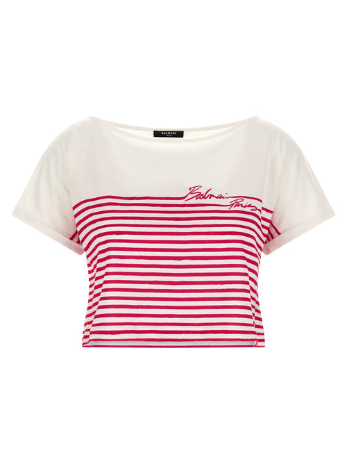 Balmain Fuchsia Marinière Cropped Cotton T-Shirt